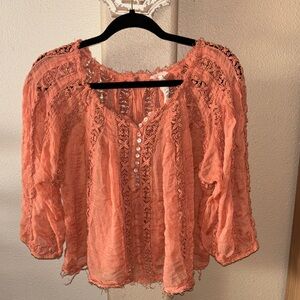 Free People One flowy lace button-front raw hem bohemian blouse size XS